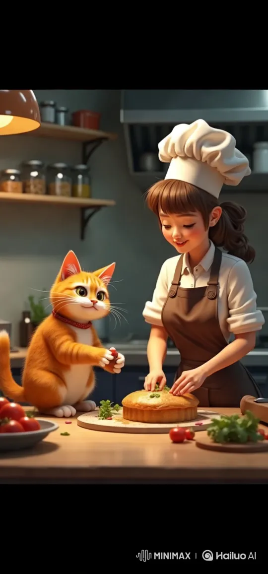 Anthropomorphic Cat Assists Chef in Elegant Kitchen – AI Generated Video | Hailuo AI