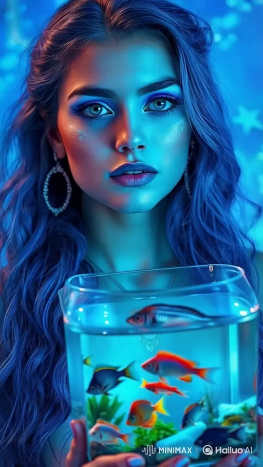 Vibrant Blue-Haired Person with Colorful Fish Aquarium – AI Generated Video | Hailuo AI