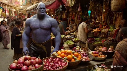 Thanos Dominates Bustling Market with Grace – AI Generated Video | Hailuo AI