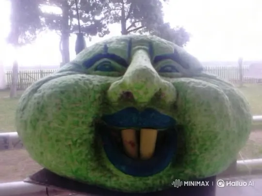 Animated Green Sculpture Laughs in Park Setting – AI Generated Video | Hailuo AI