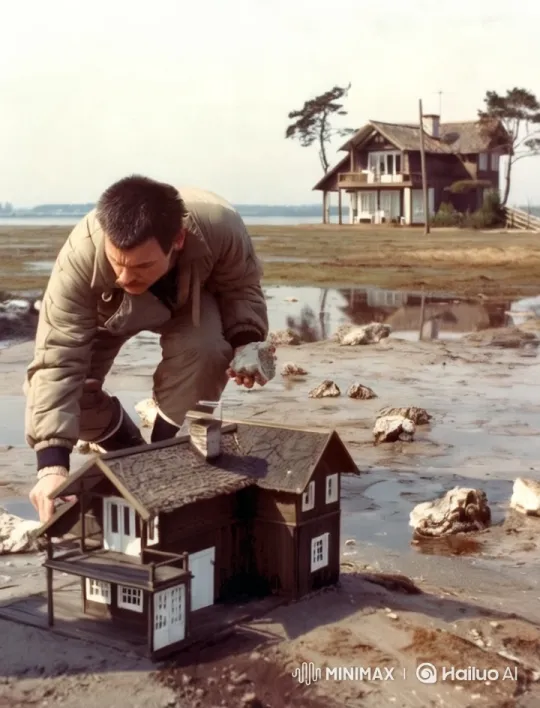 Model House in Muddy Landscape with Dramatic Camera Movement – AI Generated Video | Hailuo AI