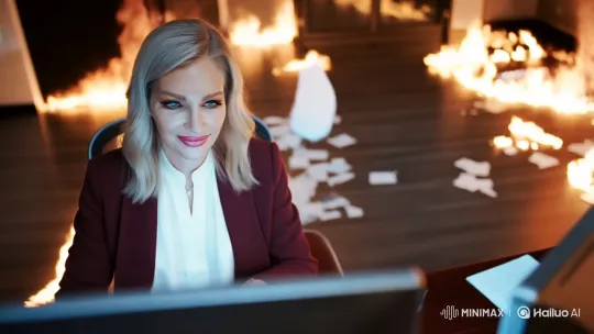 Professional Woman Calm Amidst Office Inferno – AI Generated Video | Hailuo AI