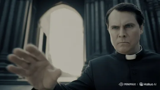 Priest Invites Viewers to Ponder in Temple's Grandeur – AI Generated Video | Hailuo AI