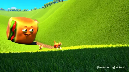 Giant Sandwich Chases Ginger Kitten in Surreal Landscape – AI Generated Video | Hailuo AI