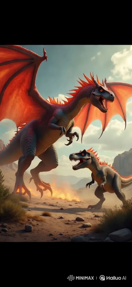 Dragon vs. T-Rex: Epic Battle in the Desolate Valley – AI Generated Video | Hailuo AI