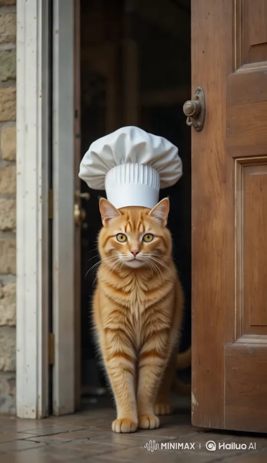 Chef Cat Exits Through Rustic Door in Whimsical Scene – AI Generated Video | Hailuo AI