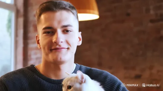 Young Man Shares Tender Moment with Cat – AI Generated Video | Hailuo AI