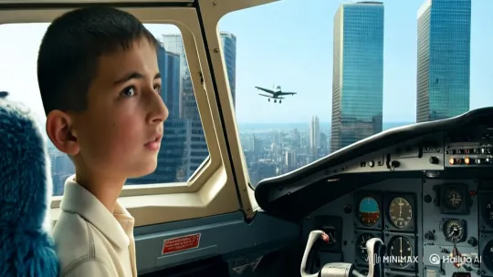 Boy Piloting Plane Towards Skyscrapers in Dramatic Short Film – AI Generated Video | Hailuo AI
