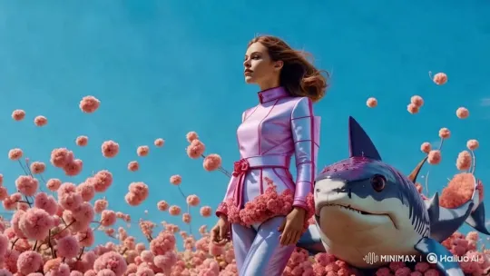 Futuristic Woman Walks with Shark in Surreal Landscape – AI Generated Video | Hailuo AI
