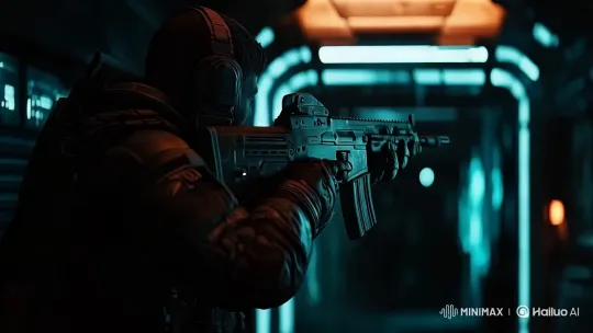 Tactical Hero Navigates Dramatic Corridor in Cinematic Tracking Shot – AI Generated Video | Hailuo AI