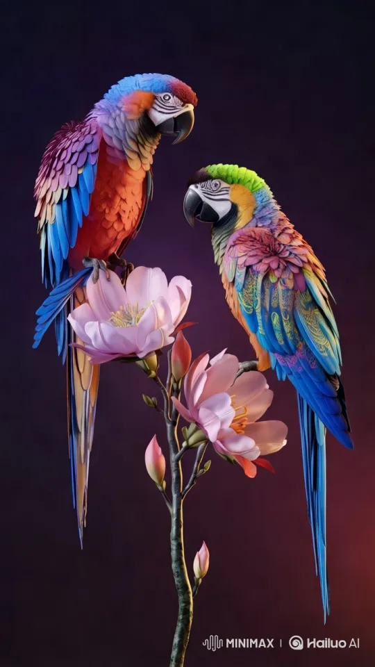 Vibrant Parrots Interact on Delicate Flowers – AI Generated Video | Hailuo AI