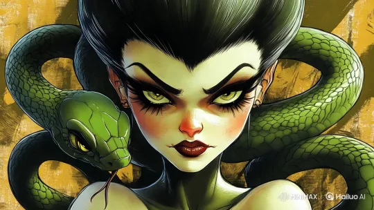 Woman and Glittering Green Snake in Artistic Embrace – AI Generated Video | Hailuo AI