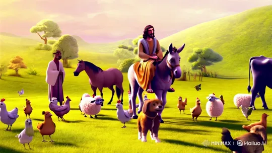 Jesus Riding Donkey in Pastoral Harmony – AI Generated Video | Hailuo AI
