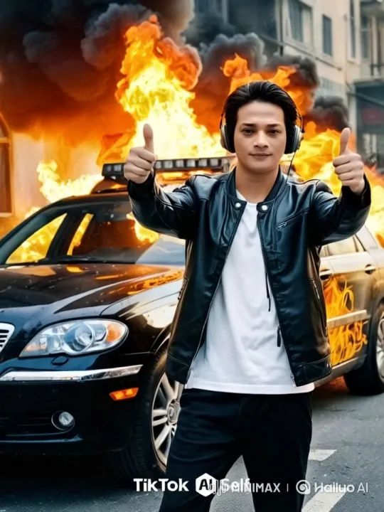 Man Stands Calmly in Front of Burning Police Car – AI Generated Video | Hailuo AI
