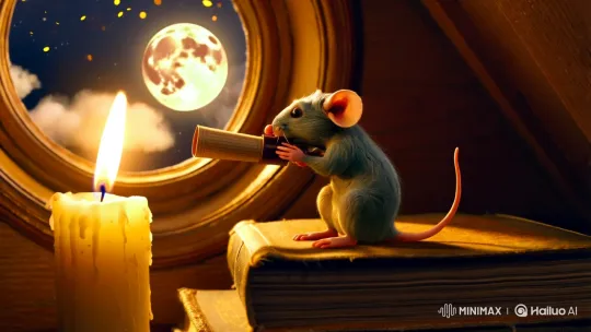 Mouse Observes Moon Through Paper Telescope in Cozy Attic Scene – AI Generated Video | Hailuo AI