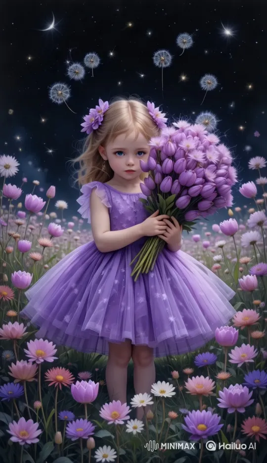 Enchanted Girl Twirls with Flowers in Whimsical Night – AI Generated Video | Hailuo AI