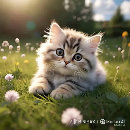 Fluffy Kitten in Serene Meadow with Golden Sunlight – AI Generated Video | Hailuo AI