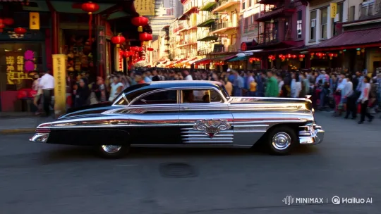 Gangster Car Glides Through Chinatown's Bustling Streets – AI Generated Video | Hailuo AI