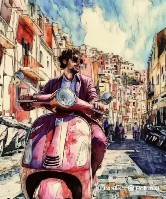 Joyful Vespa Ride in Colorful Cityscape – AI Generated Video | Hailuo AI