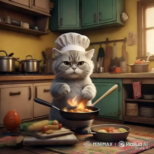 Fluffy Cat Chef Cooks with Style in Vintage Kitchen – AI Generated Video | Hailuo AI