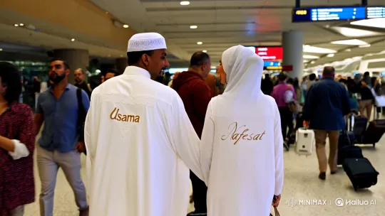 Couple in White Embroidered Attire Grace Airport. – AI Generated Video | Hailuo AI