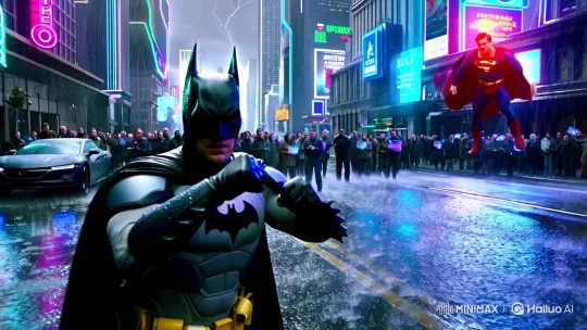 Batman vs. Superman: Neon-Lit Metropolis Showdown – AI Generated Video | Hailuo AI