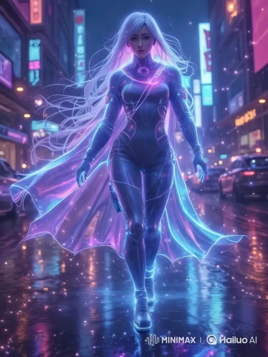 Futuristic Cityscape: Neon-Lit Journey of a Caped Woman – AI Generated Video | Hailuo AI