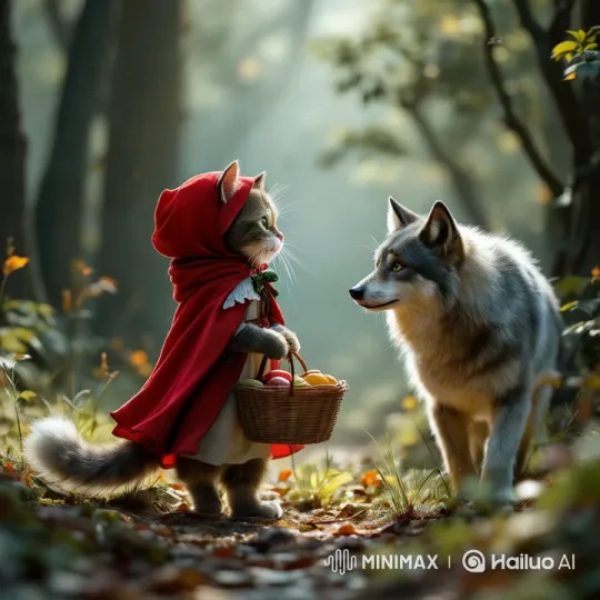 Anthropomorphic Cat in Little Red Riding Hood Costume Meets Wolf in Sunlit Forest – AI Generated Video | Hailuo AI