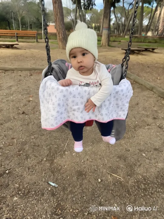 Baby Swinging in Park Amidst Serene Nature – AI Generated Video | Hailuo AI