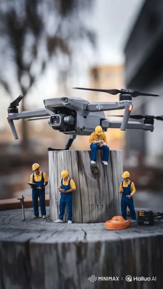 Large Drone Examined by Miniature Workers – AI Generated Video | Hailuo AI