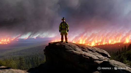 Firefighter Faces Inferno on Rock Against Stormy Sky – AI Generated Video | Hailuo AI