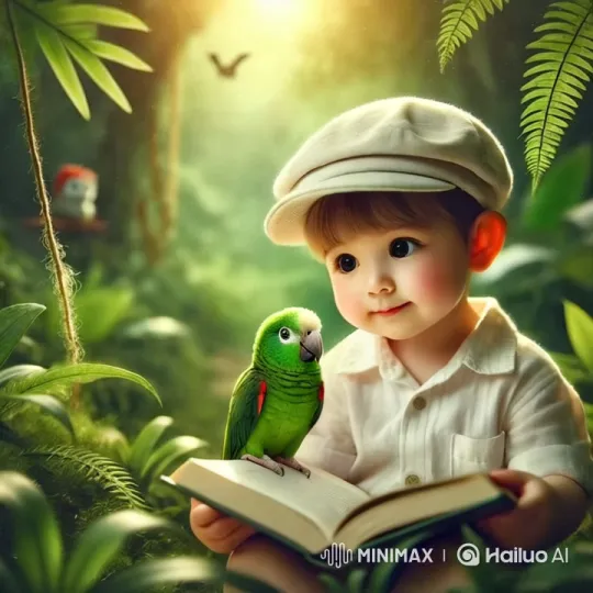 Child Reading Amidst Nature with Companion Parrot – AI Generated Video | Hailuo AI