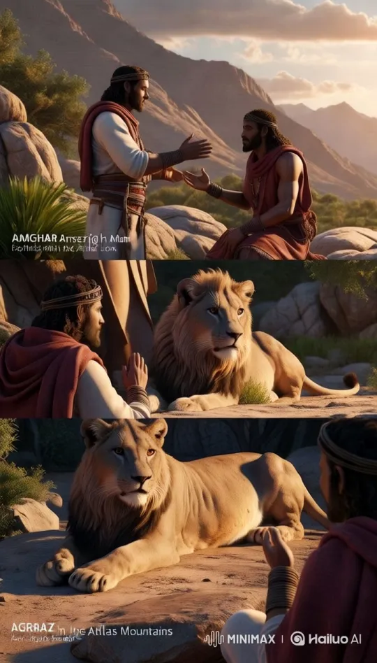 Traditional Men in Atlas Mountains Discuss with Calm Lion – AI Generated Video | Hailuo AI