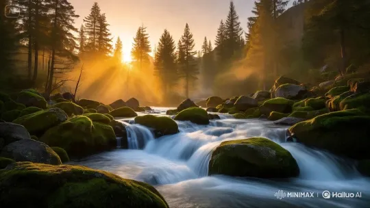 Tranquil Forest Stream at Sunrise – AI Generated Video | Hailuo AI