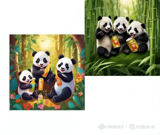 Pandas Celebrating with Drinks in Animated Forest Scene – AI Generated Video | Hailuo AI
