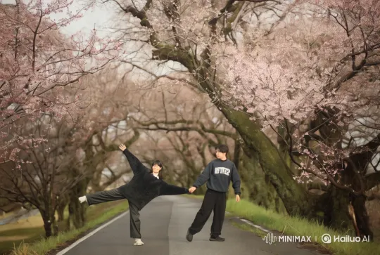 Cherry Blossom Chase: Playful Struggle to Tender Kiss – AI Generated Video | Hailuo AI