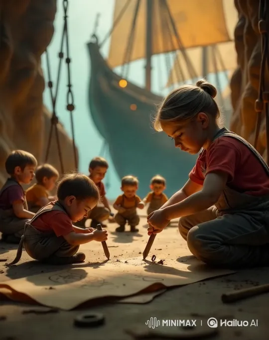 Young Craftsmen Carving Wood in Cavern Workshop with Majestic Ship – AI Generated Video | Hailuo AI