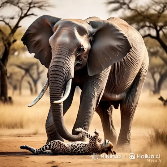 Elephant Confronts Leopard in Dramatic Savanna Encounter – AI Generated Video | Hailuo AI