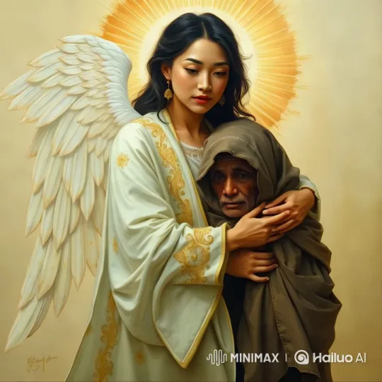 Angel Comforts Weeping Old Man in Celestial Embrace – AI Generated Video | Hailuo AI