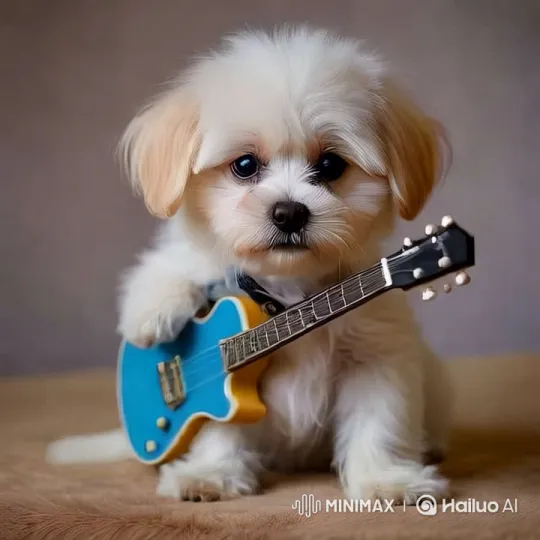 Fluffy Pup Plays Blue Guitar in Festive Scene – AI Generated Video | Hailuo AI