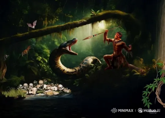 Brazilian Warrior Faces Giant Snake in Lush Forest – AI Generated Video | Hailuo AI