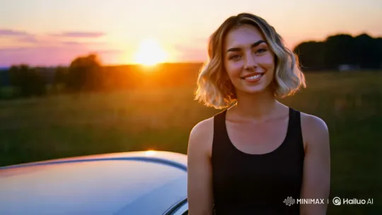 Woman on Car Hood in Golden Sunset Scene – AI Generated Video | Hailuo AI