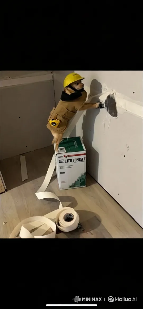 Floating Dog Drywall Worker: Magical Construction Scene – AI Generated Video | Hailuo AI