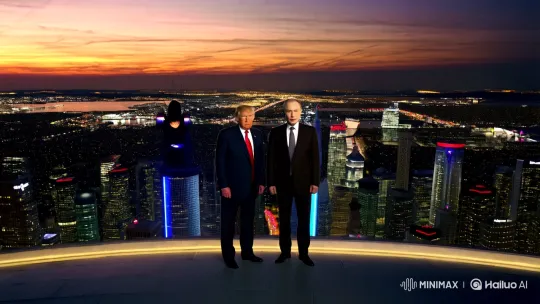 Influential Leaders and Mysterious Figure on Skyscraper Rooftop – AI Generated Video | Hailuo AI