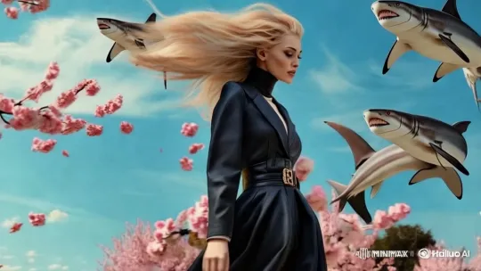 Woman Walks Through Surreal Landscape with Sharks – AI Generated Video | Hailuo AI