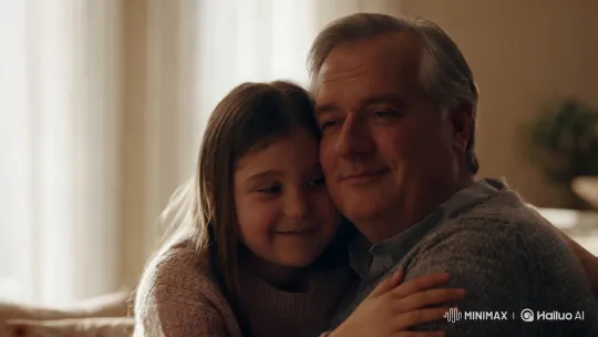 Intimate Father-Daughter Embrace Captured in Warm Lighting – AI Generated Video | Hailuo AI