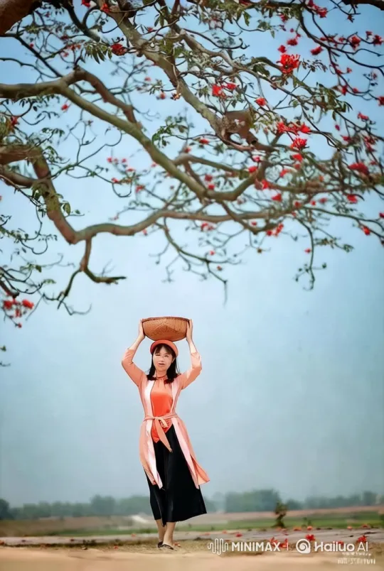 Traditional Woman Amidst Blossoming Tree Landscape – AI Generated Video | Hailuo AI