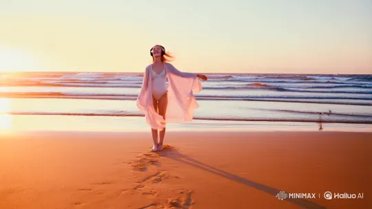 Isolated Tranquility: Serene Lady on a Sunset Beach – AI Generated Video | Hailuo AI