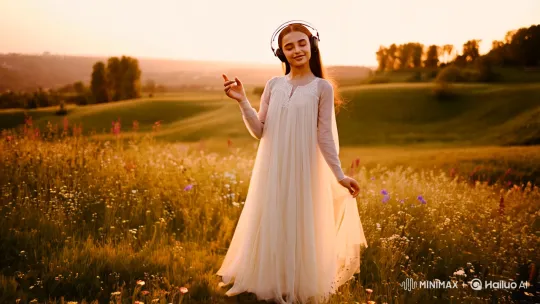 Young Lady in Meadow: Serene Dance Amidst Tranquility – AI Generated Video | Hailuo AI
