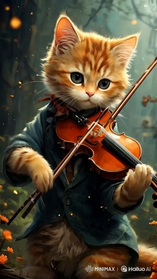 Charming Cat Plays Violin in Enchanted Forest Setting – AI Generated Video | Hailuo AI